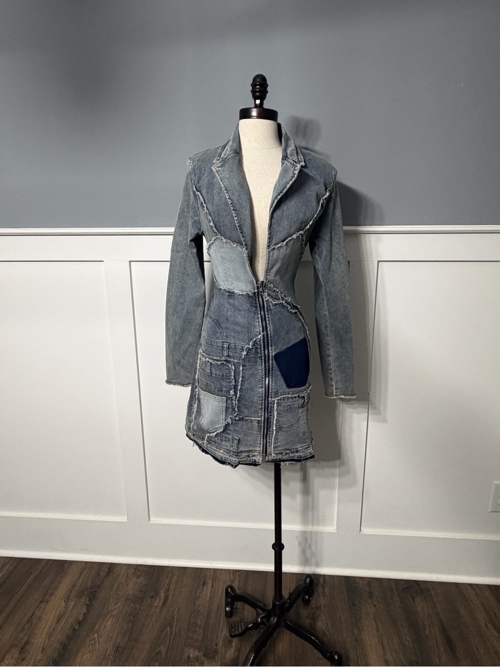 Denim Patchwork Tailored Jacket - Light Blue
